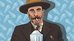Retro Milkshake Illustration A retro illustration of a man wearing a hat, enjoying a milkshake with a straw. Background features ice cream cones and milkshake motifs
