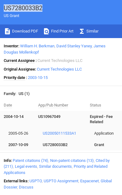 US7280033B2 Patent Diagram - Current Technologies LLC Diagram of US Patent US7280033B2 illustrating granted invention details