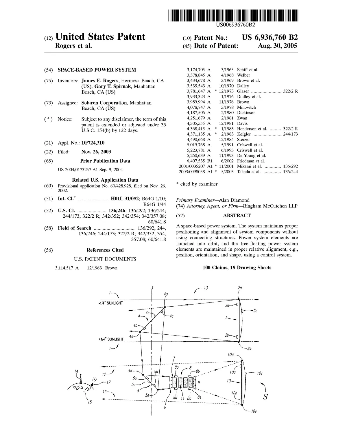 Illustration of a space-based power system patent detailing positioning and alignment of components in orbit