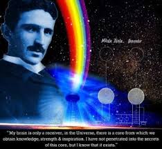 Artistic depiction of Nikola Tesla with a quote against a starry background