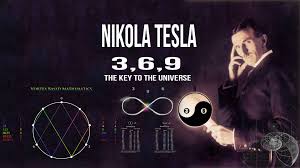 Nikola Tesla standing with visual elements representing the numbers 3, 6, and 9, including geometric shapes and symbols