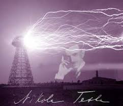 Nikola Tesla showcasing his experiments with electricity and lightning