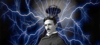 Nikola Tesla standing in front of an electrical tower with lightning effects