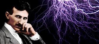 Portrait of Nikola Tesla with electric sparks in the background