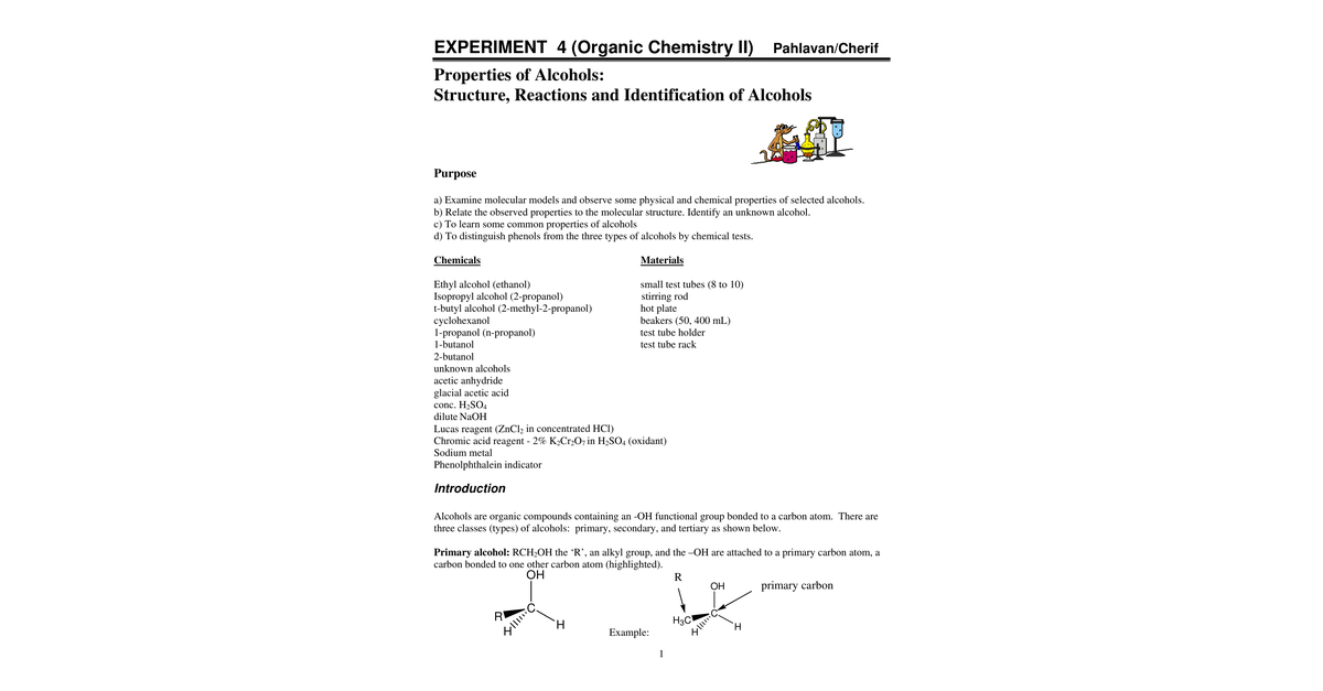 Experiment 04 Properties Of Alcohols Structure, Reactions And Identification Of Alcohols