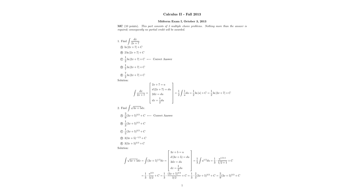 Calculus II 11 Fall 2013 Midterm 1 Solutions