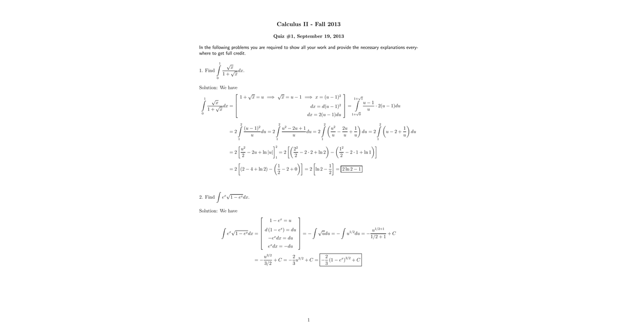 Calculus II 11 Fall 2013 Quiz1ver1s