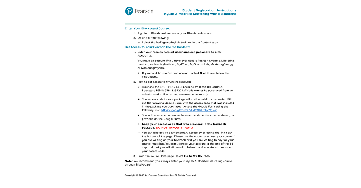 MyEngineeringLab Registration Instructions Fall 2016