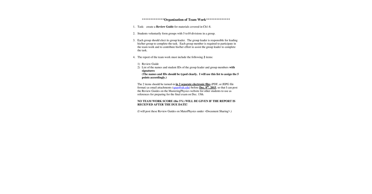 Organization Of Team Work (Fall 2015)