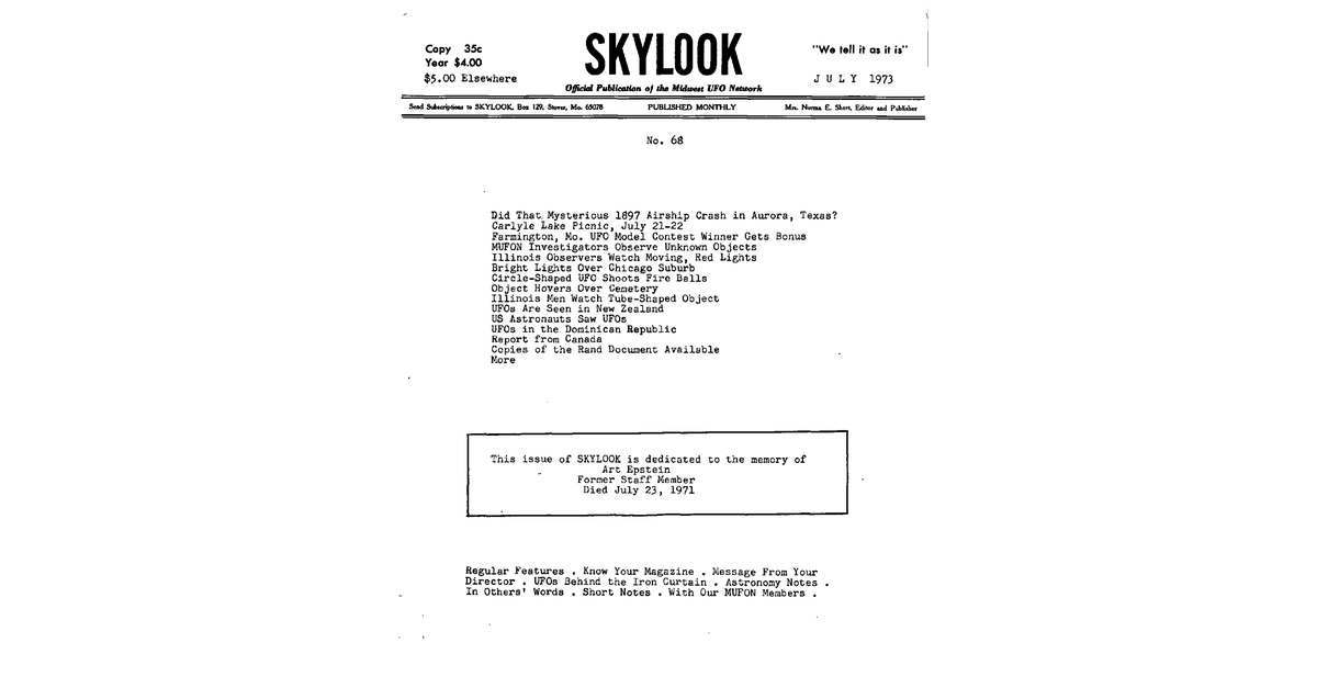 MUFON UFO Journal 1973 7. July Skylook